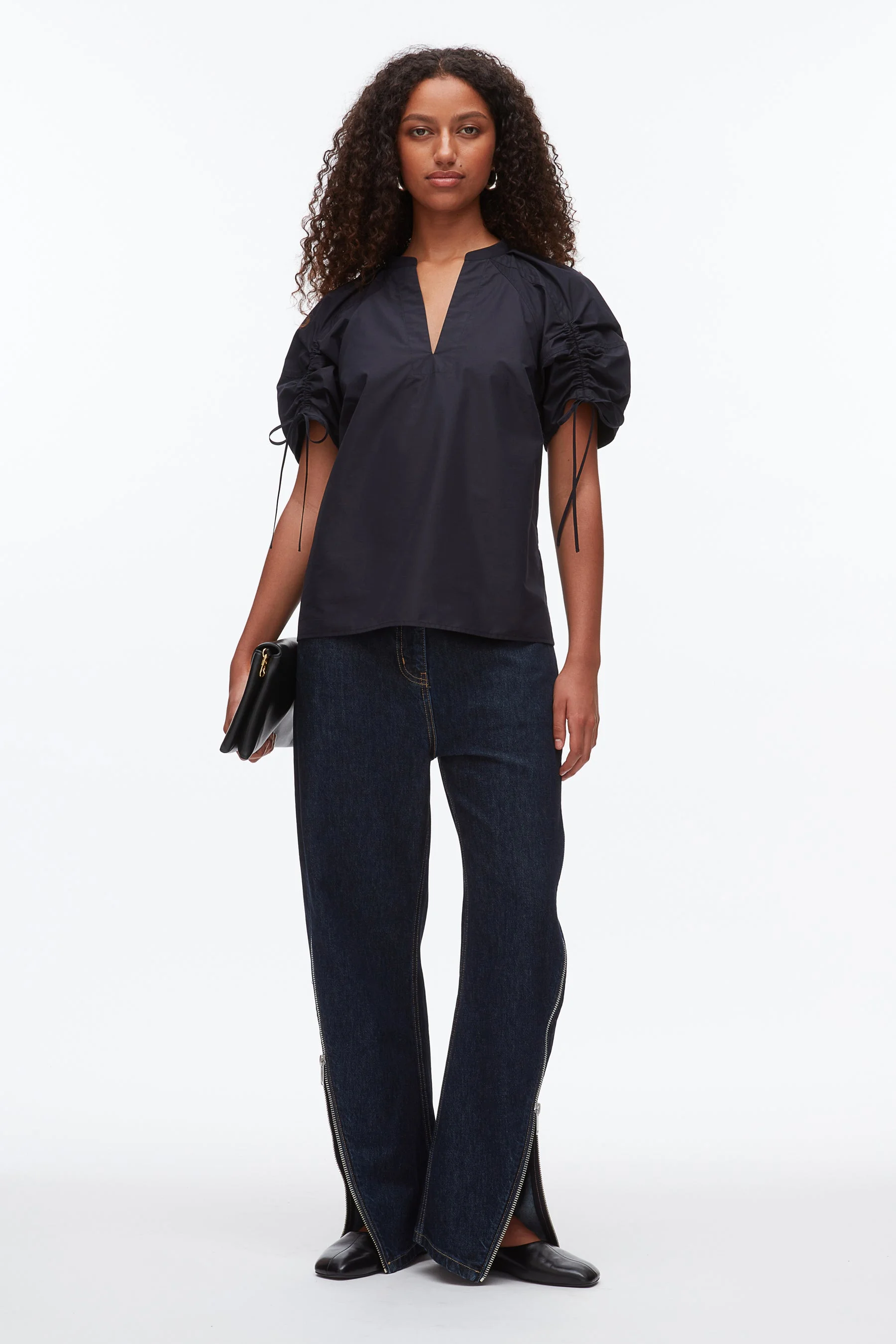 Ruched Sleeve V-Neck Top - 1