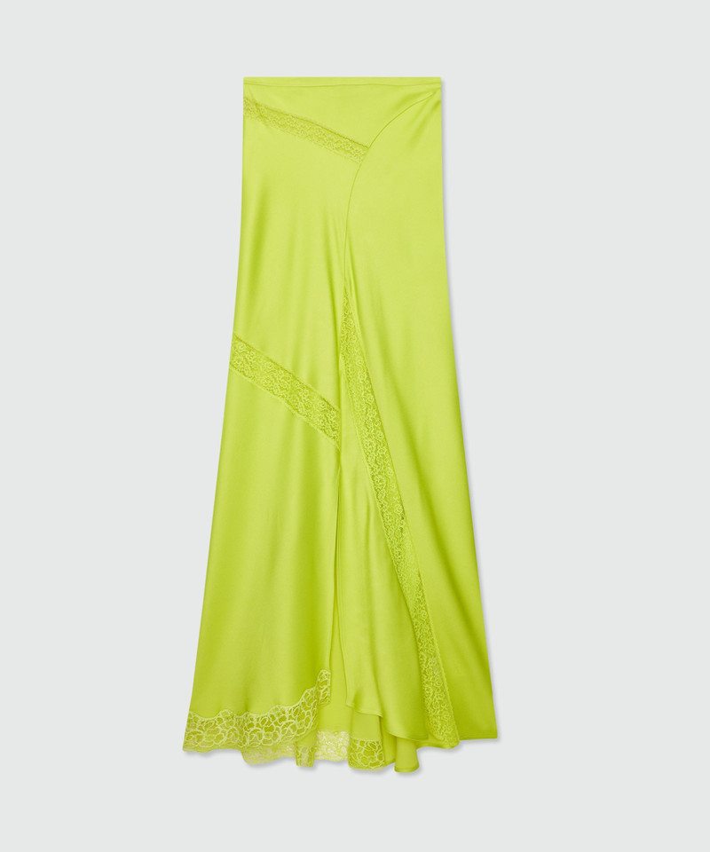 Lime long satin skirt with flared hem and lace inserts 1