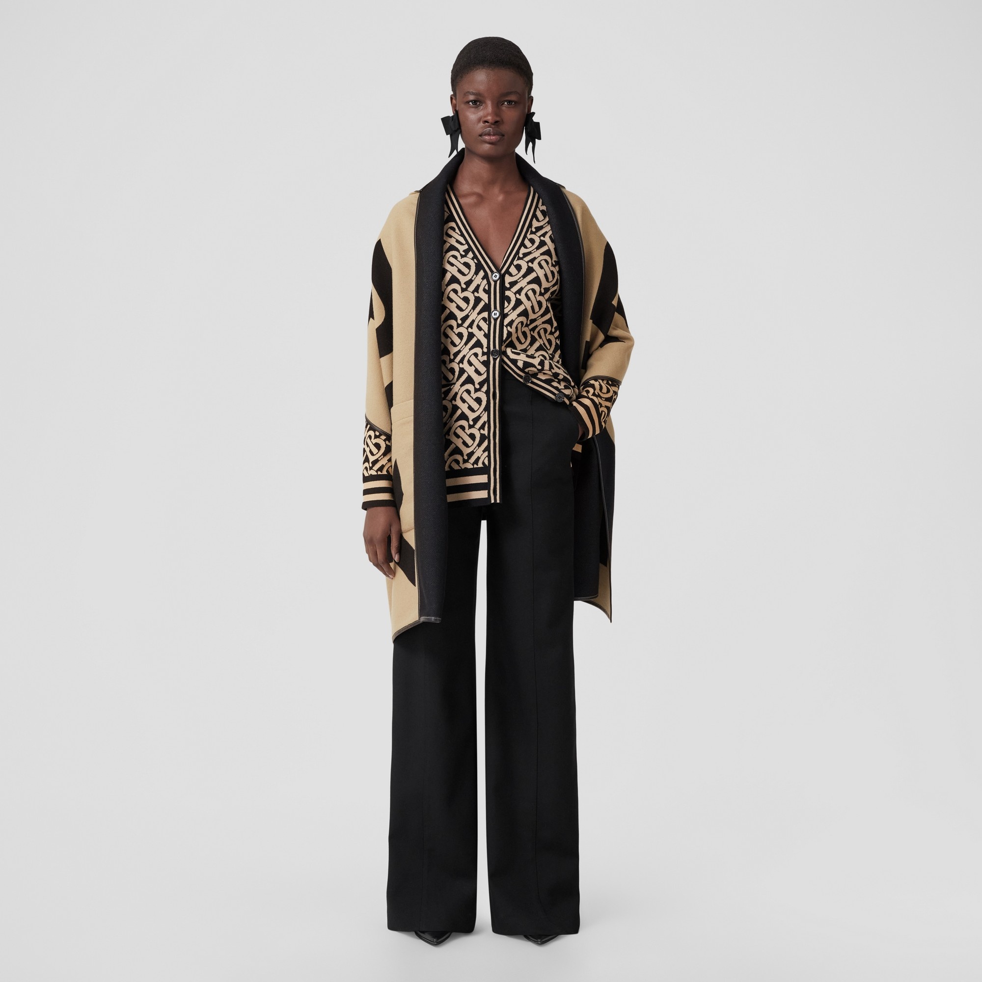 Logo Wool Cotton Jacquard Hooded Cape - 5