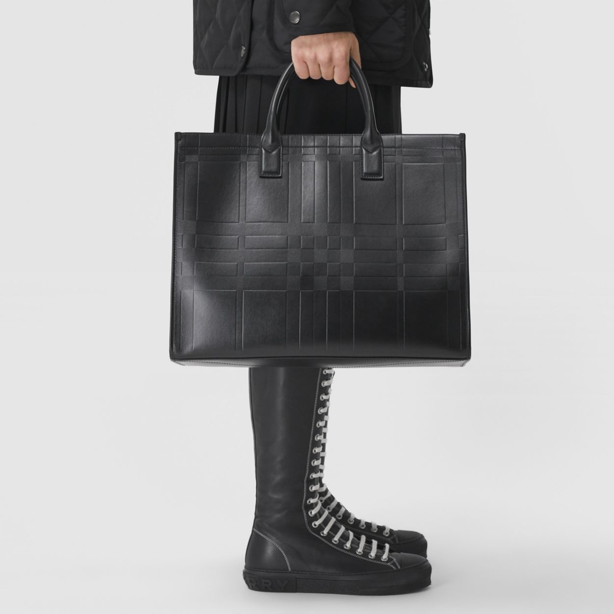 Embossed Check Leather Tote - 3