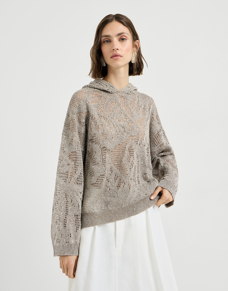 Dazzling water lillies hooded sweater in linen and cotton 2