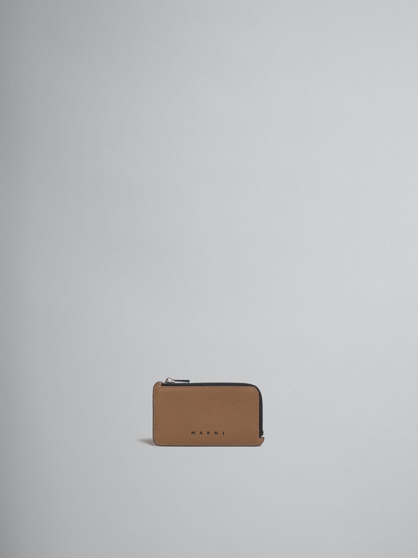 ORANGE AND BROWN SAFFIANO LEATHER ZIP-AROUND CARD CASE - 1