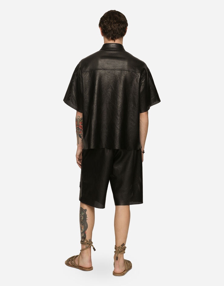 Openwork leather shirt with brand plate - 3