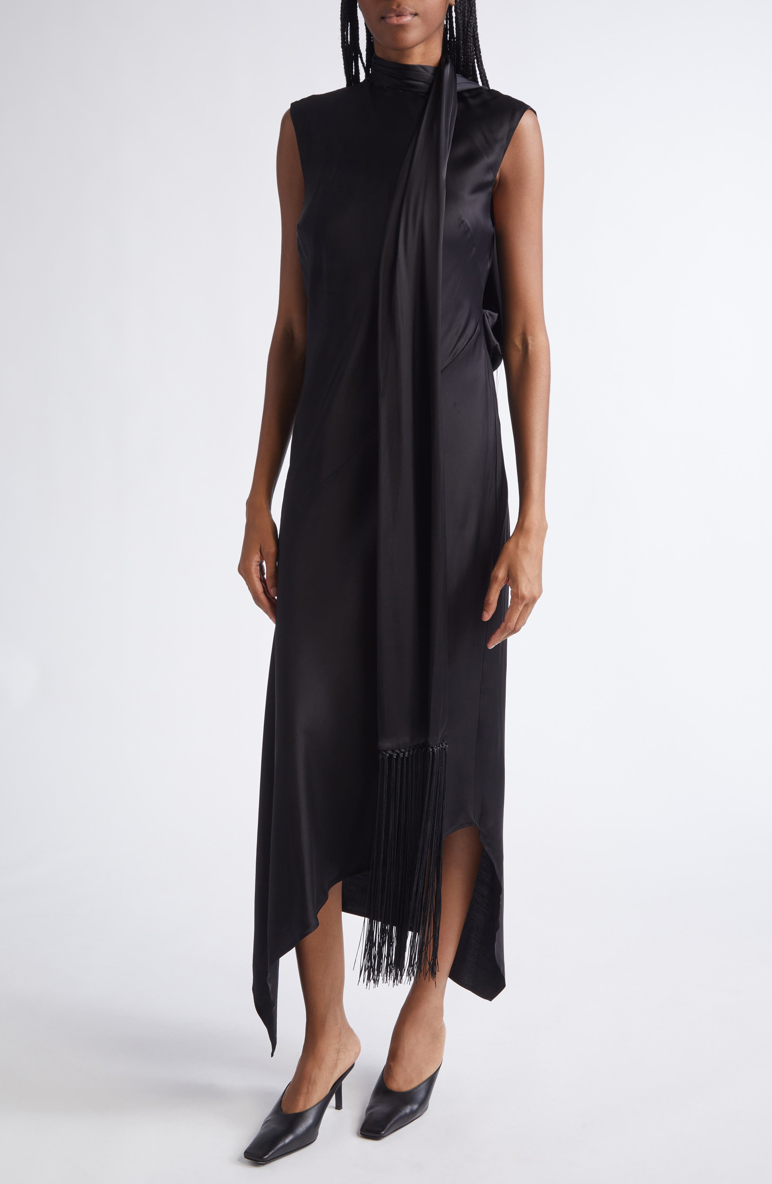 Acne Studios Dale Attached Scarf Asymmetric Satin Dress in Black at Nordstrom - 4