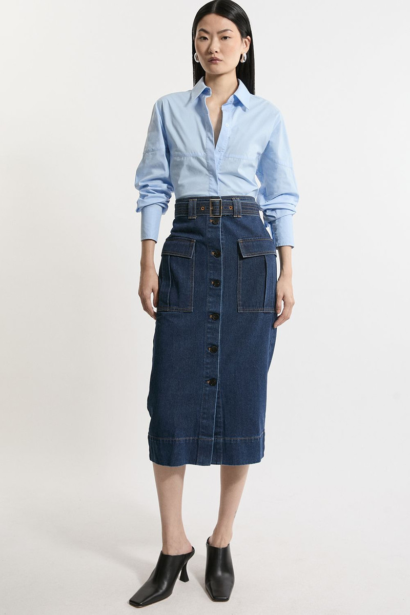 Denim Cargo Pocket Belted Midi Skirt 1