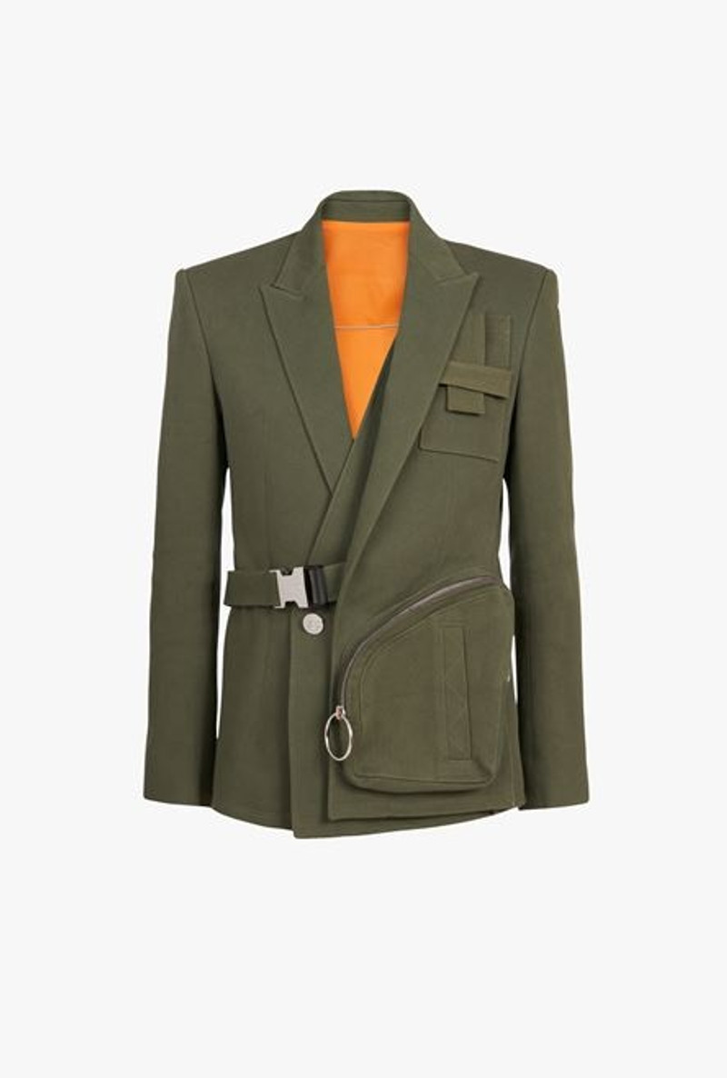 Asymmetrical khaki and orange cotton blazer 1