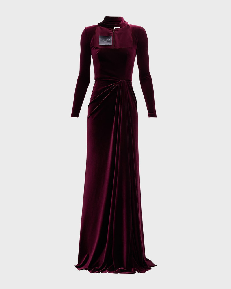 Square-Neck Long-Sleeve Velvet Scarf Gown 1