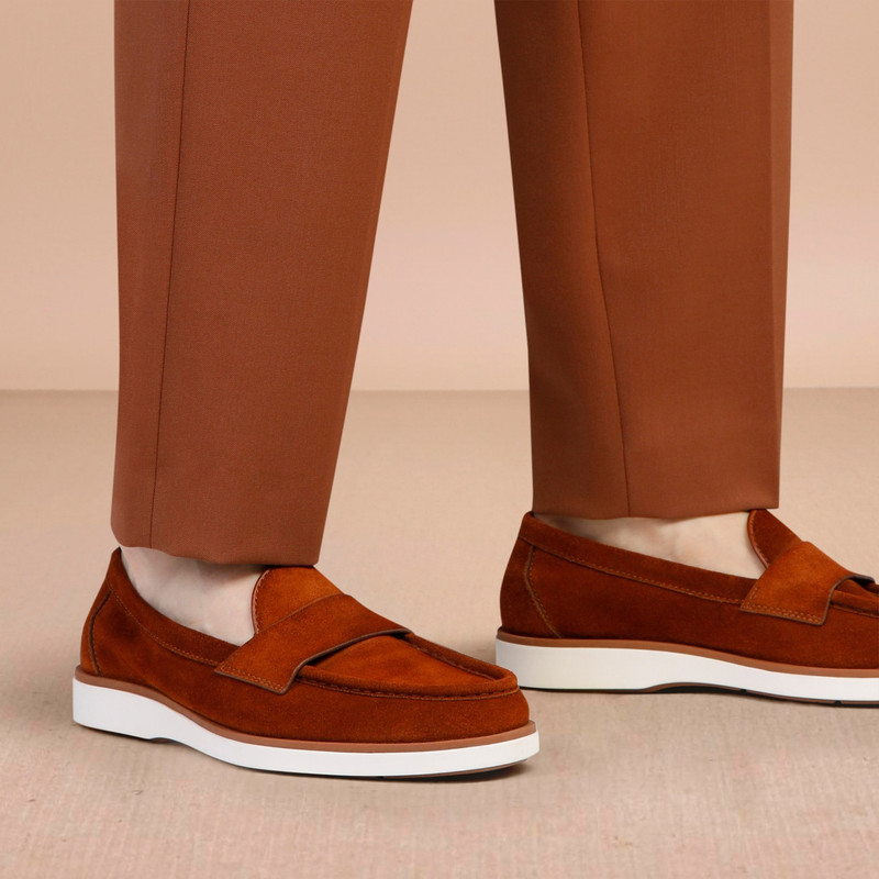 Santoni Men's brown suede penny loafer outlook