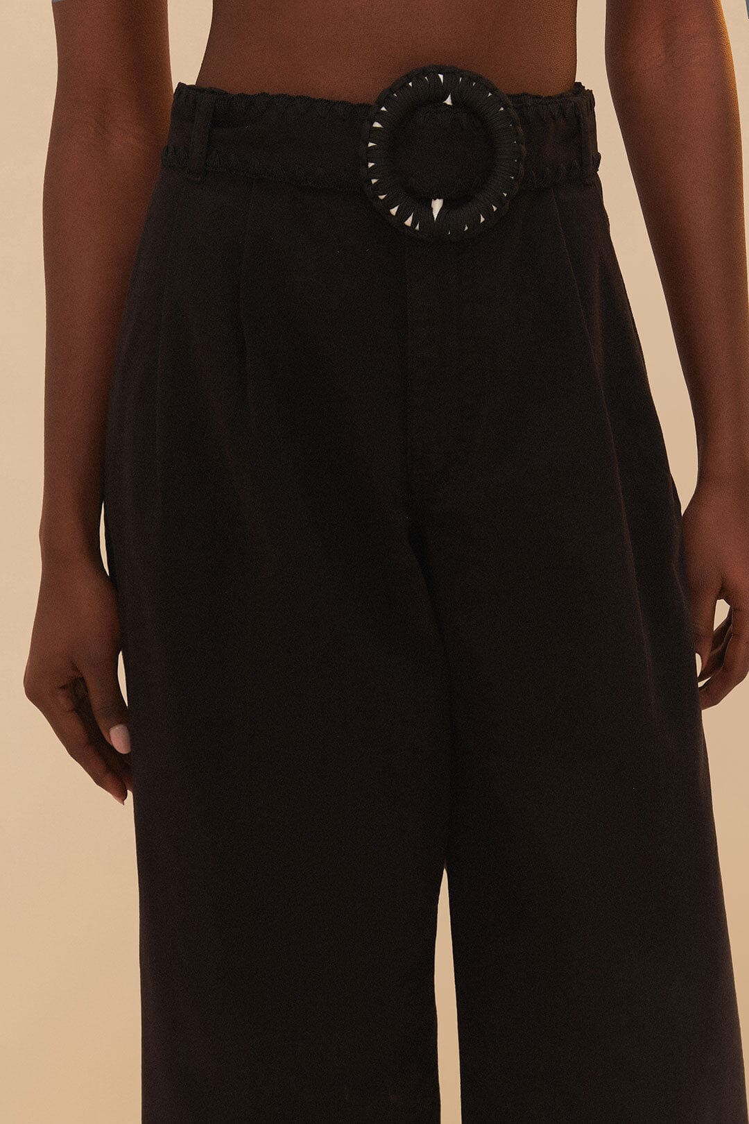 Black Twill Belted Wide Pants - 5