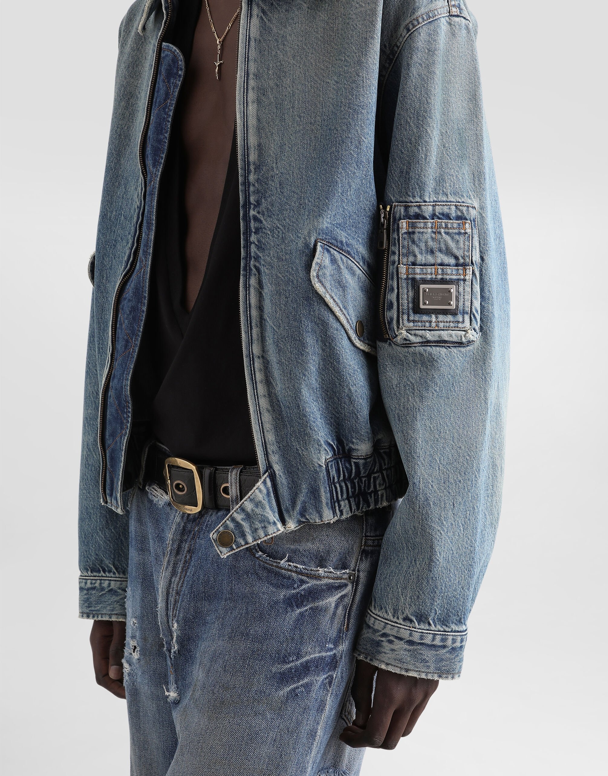 Cotton denim bomber jacket with tag - 4
