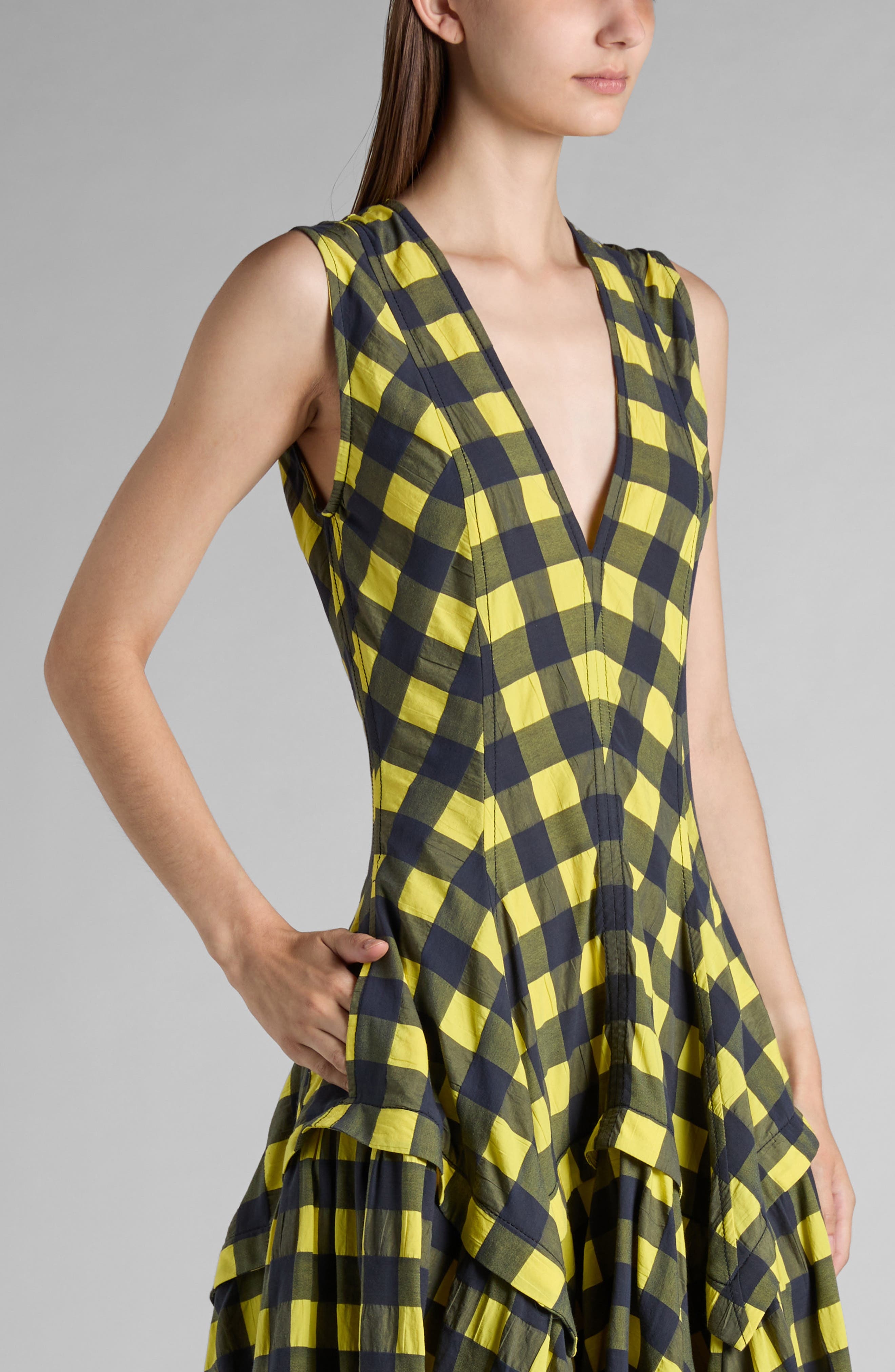 Bottega Veneta Macro Gingham Fit + Flare Dress in 7315 Yellow/Shrub/Wave at Nordstrom - 4