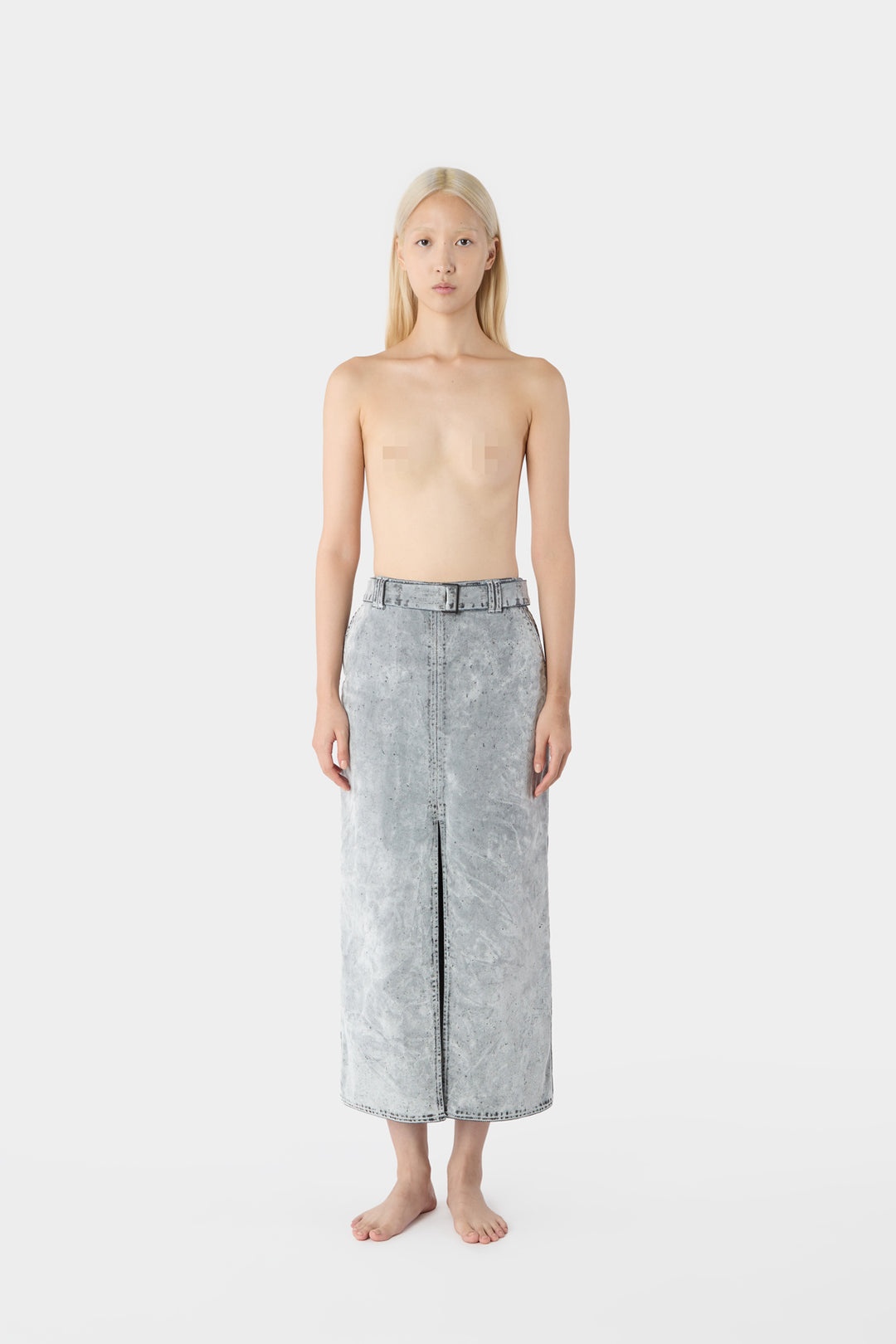 BELTED LONG SPLIT SKIRT / flocked denim / grey - 1