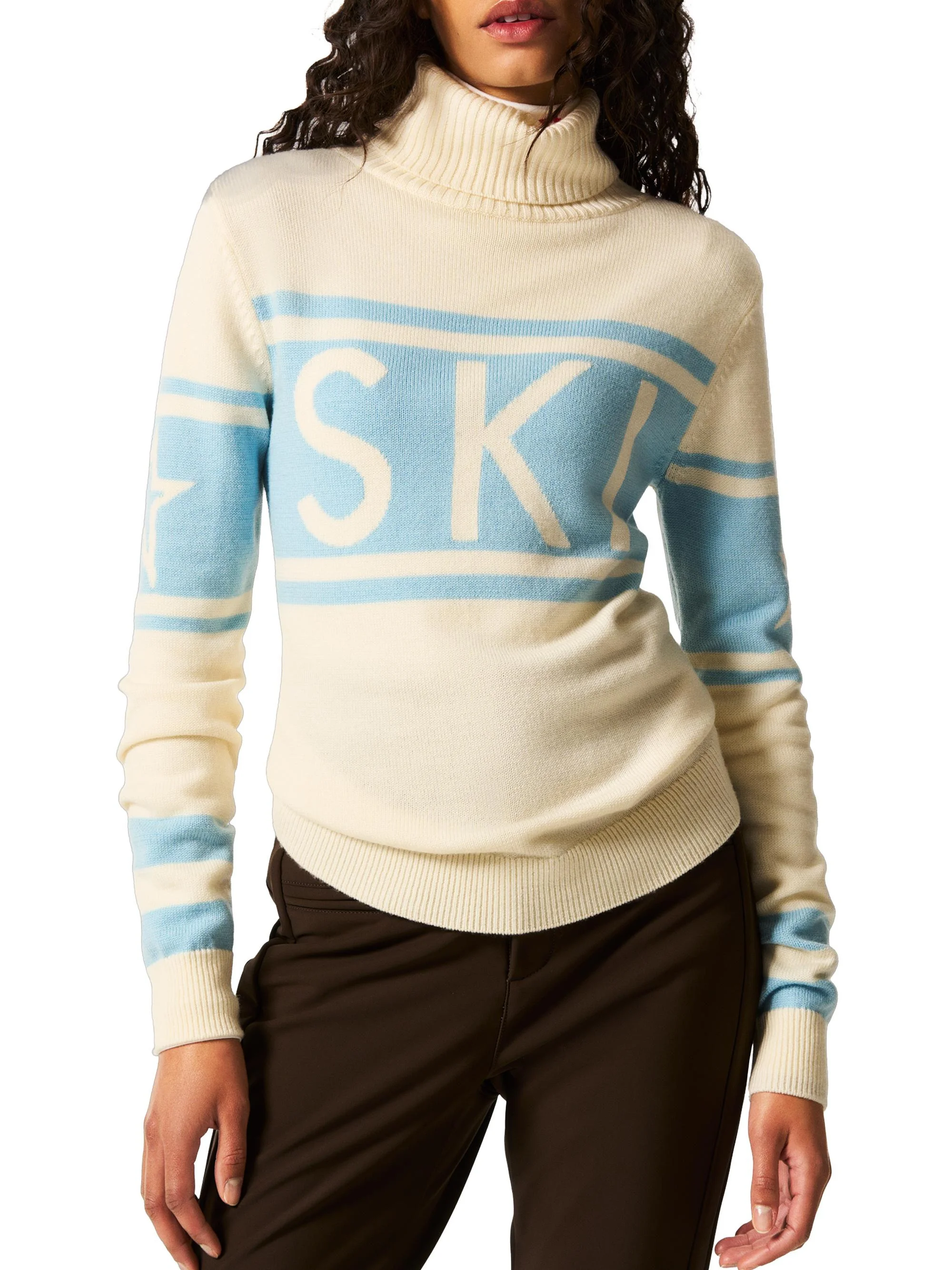 Women's "Ski" Wool Turtleneck Sweater - Snow White Light Blue - 1