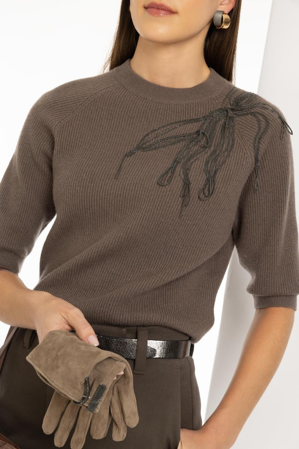 Embroidered Short Sleeve Pullover Sweater - 3