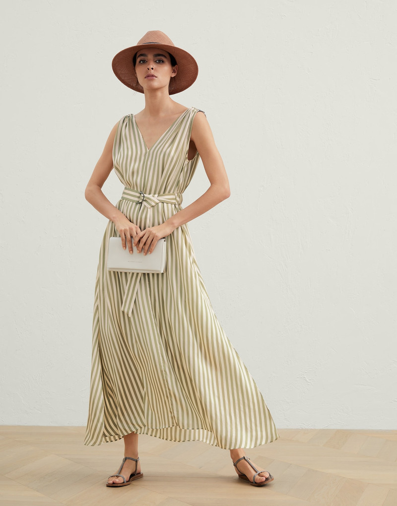 Brunello Cucinelli Viscose and silk striped twill belted dress with precious shoulder detail outlook