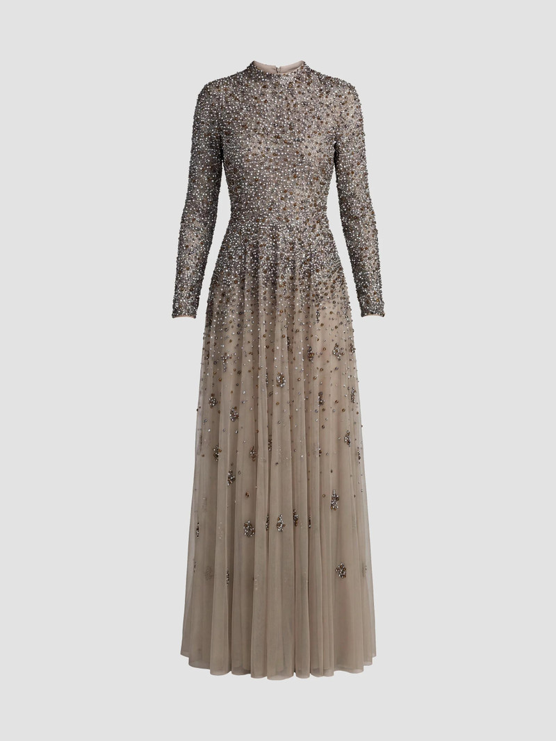 Women's Beaded Mesh Mock Turtleneck Gown - Taupe 1