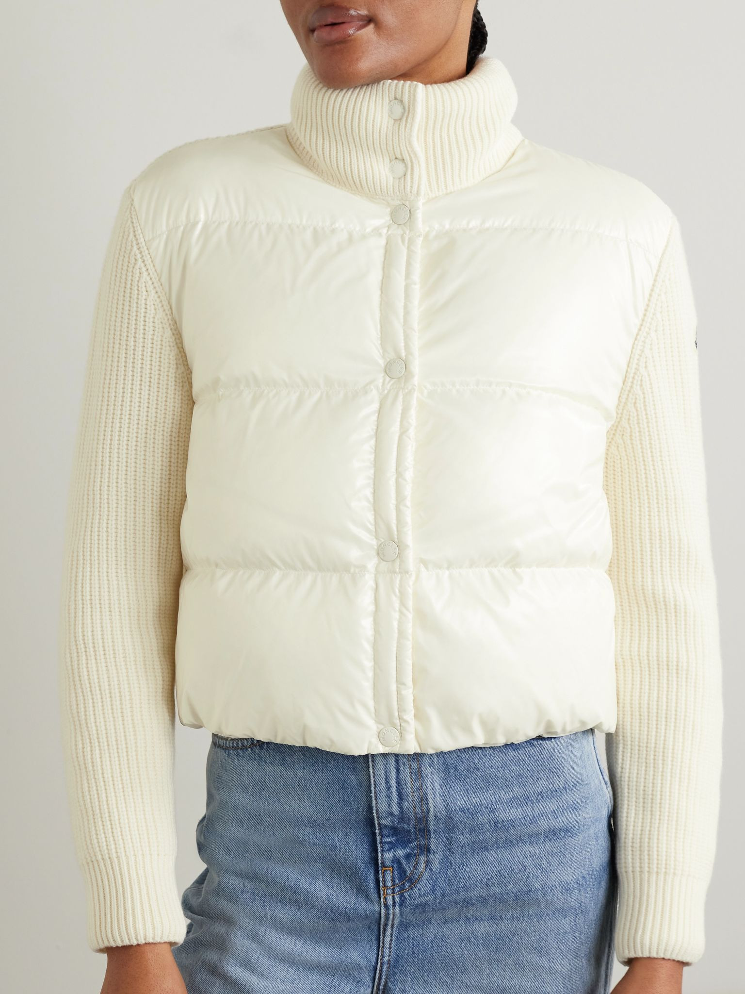 Ribbed wool and quilted shell down hoodie White - 3