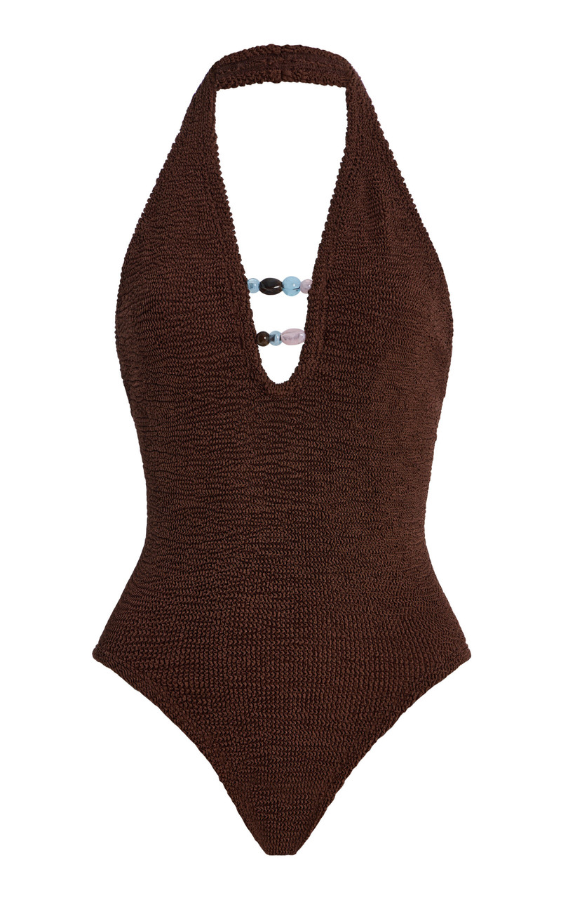 Adriana Beaded One-Piece Swimsuit brown 1