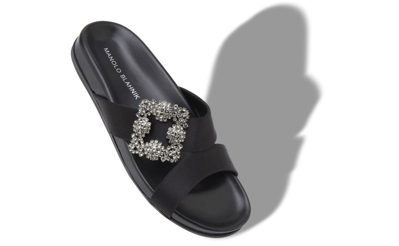 Manolo Blahnik Black Satin Jewel Buckle Flat Mules outlook
