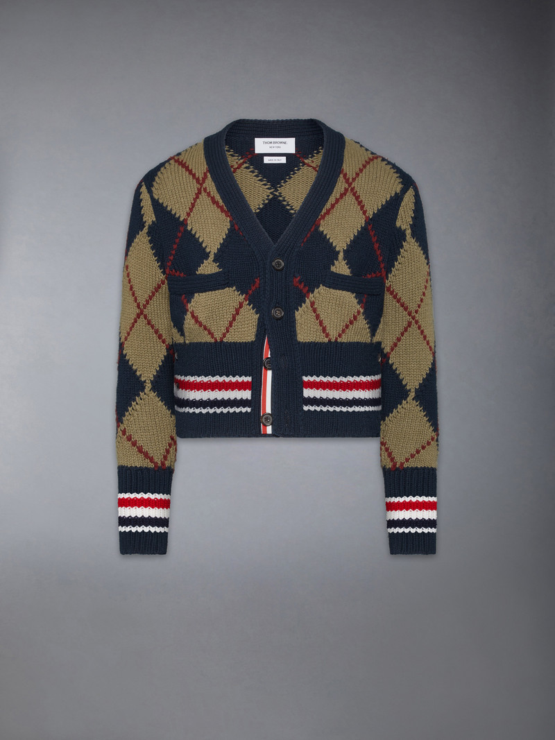 MERINO WOOL ARGYLE INTARSIA V NECK CARDIGAN 1