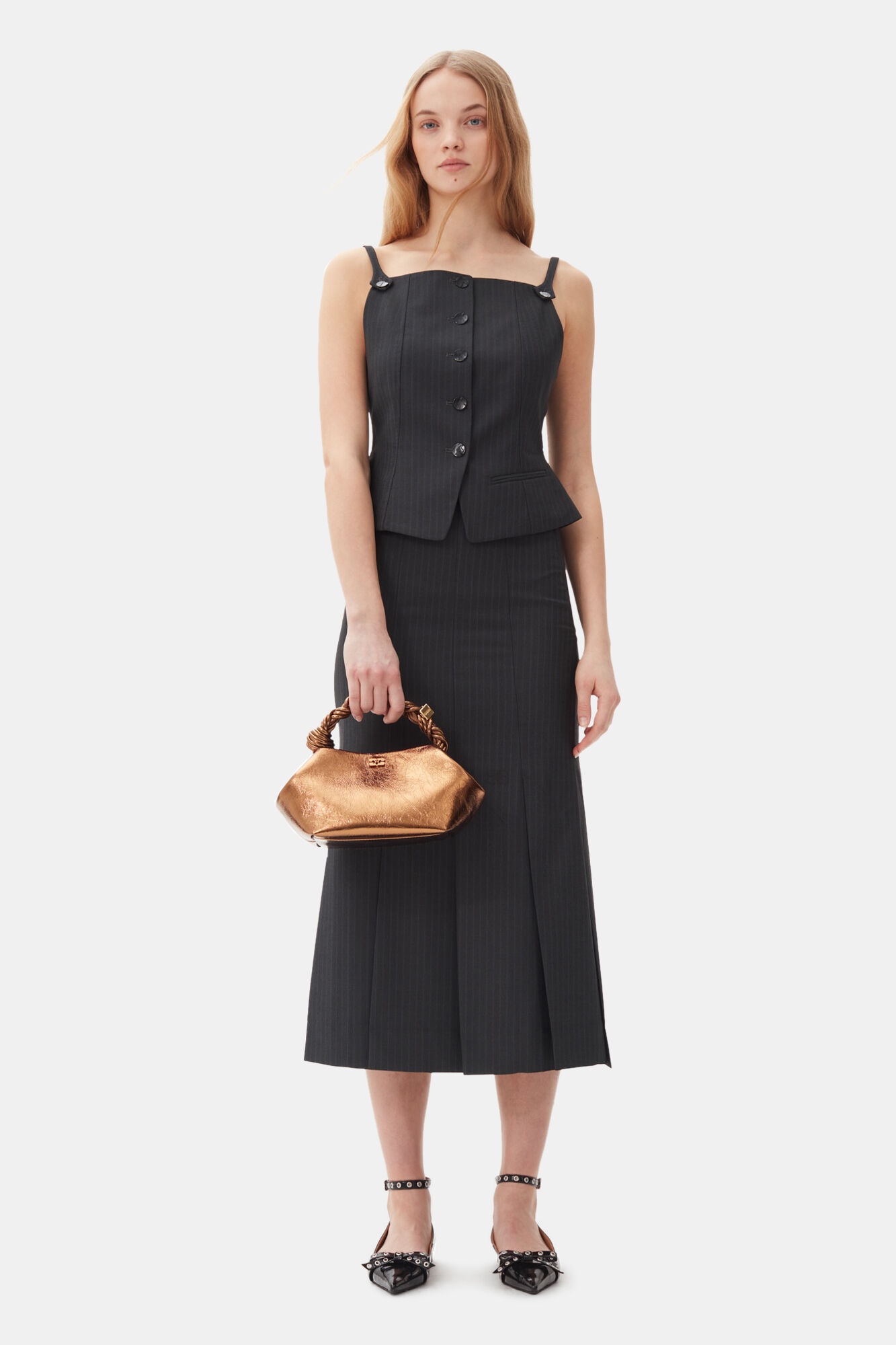 DARK GREY STRIPE SUITING MIDI SKIRT - 2