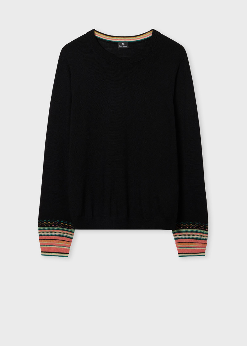 Women's Black Merino Wool Stripe Cuff Sweater 1