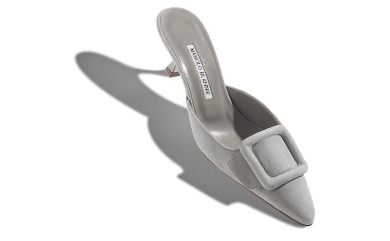 Manolo Blahnik Light Grey Suede Kitten Heel Mules outlook