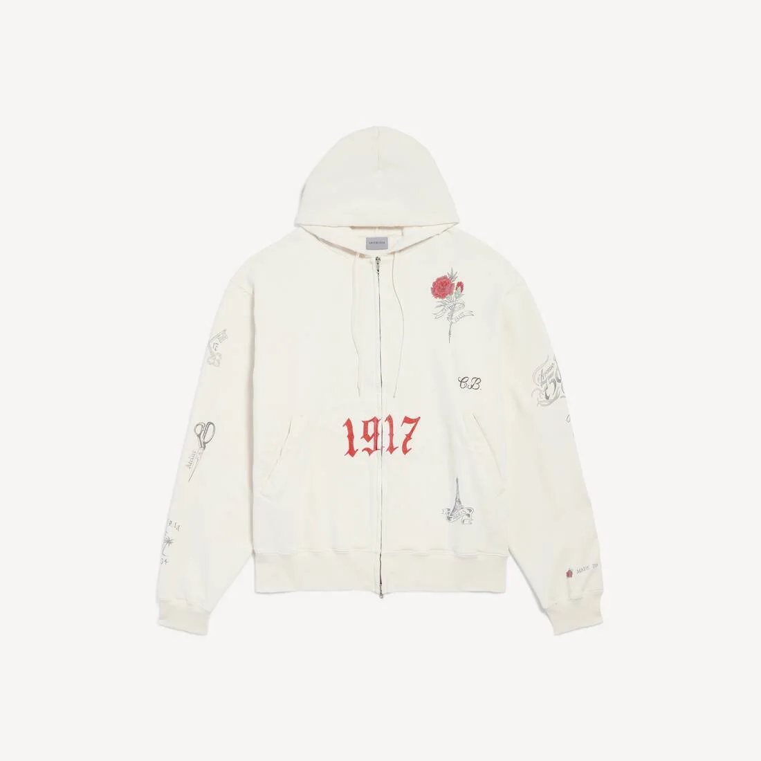 Men's Tattoo Oversized Zip-up Hoodie in Cream - 1