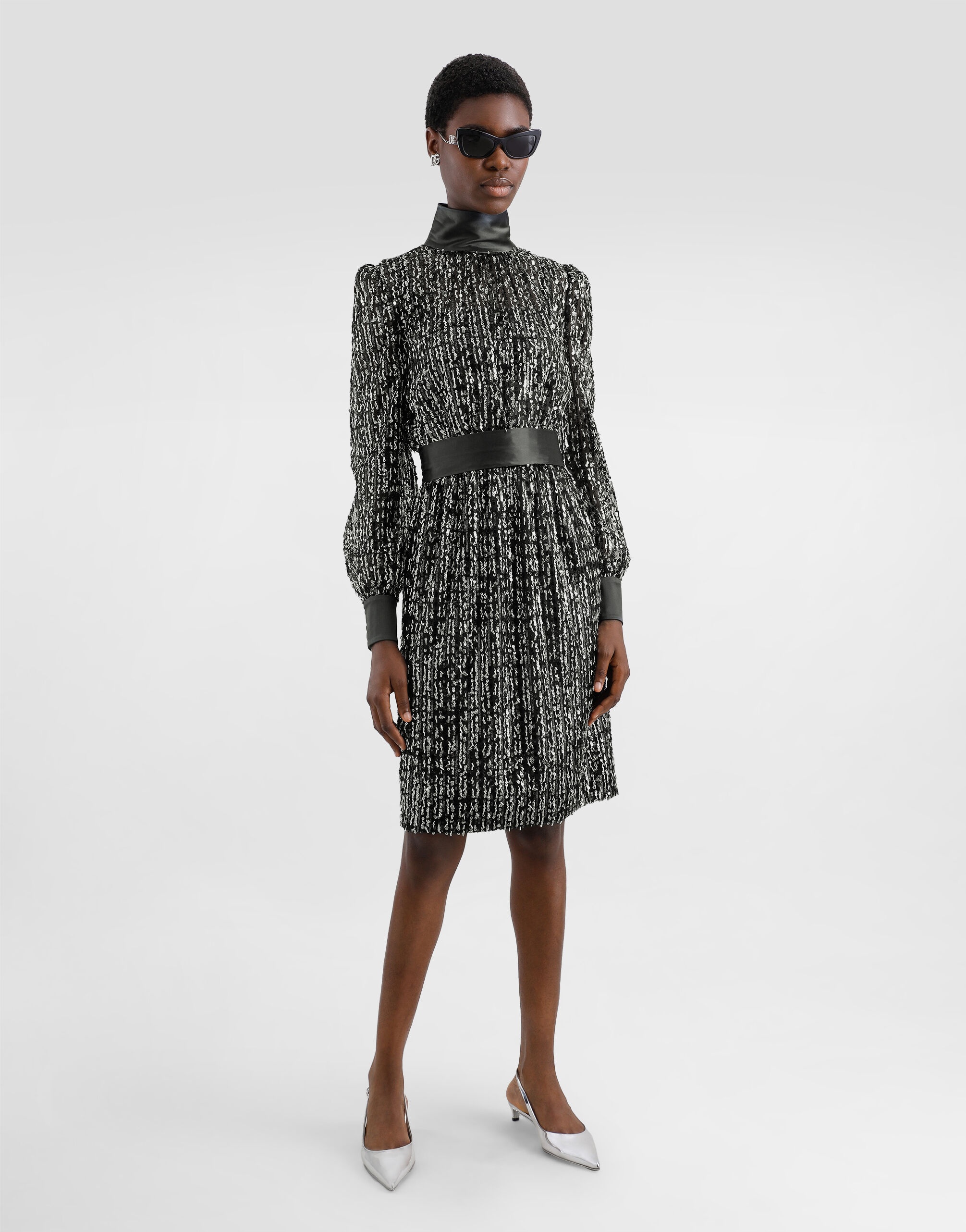 Midi dress with vertical sequin stripe embroidery - 2