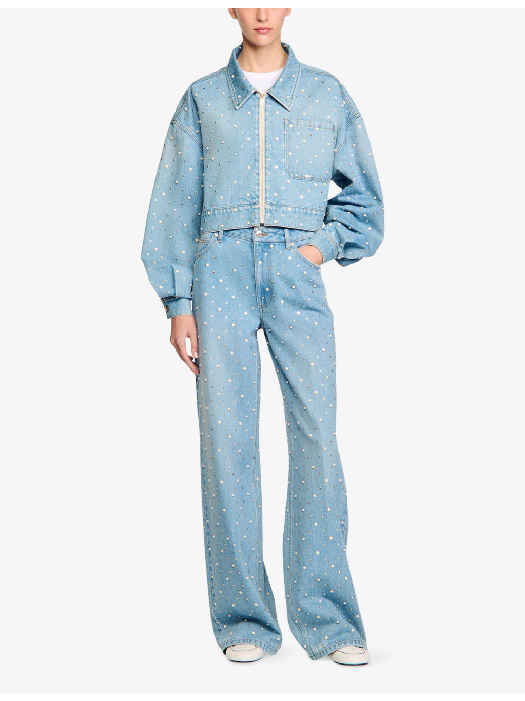 Rhinestone-Embellished Puff-Sleeve Denim Jacket - 2