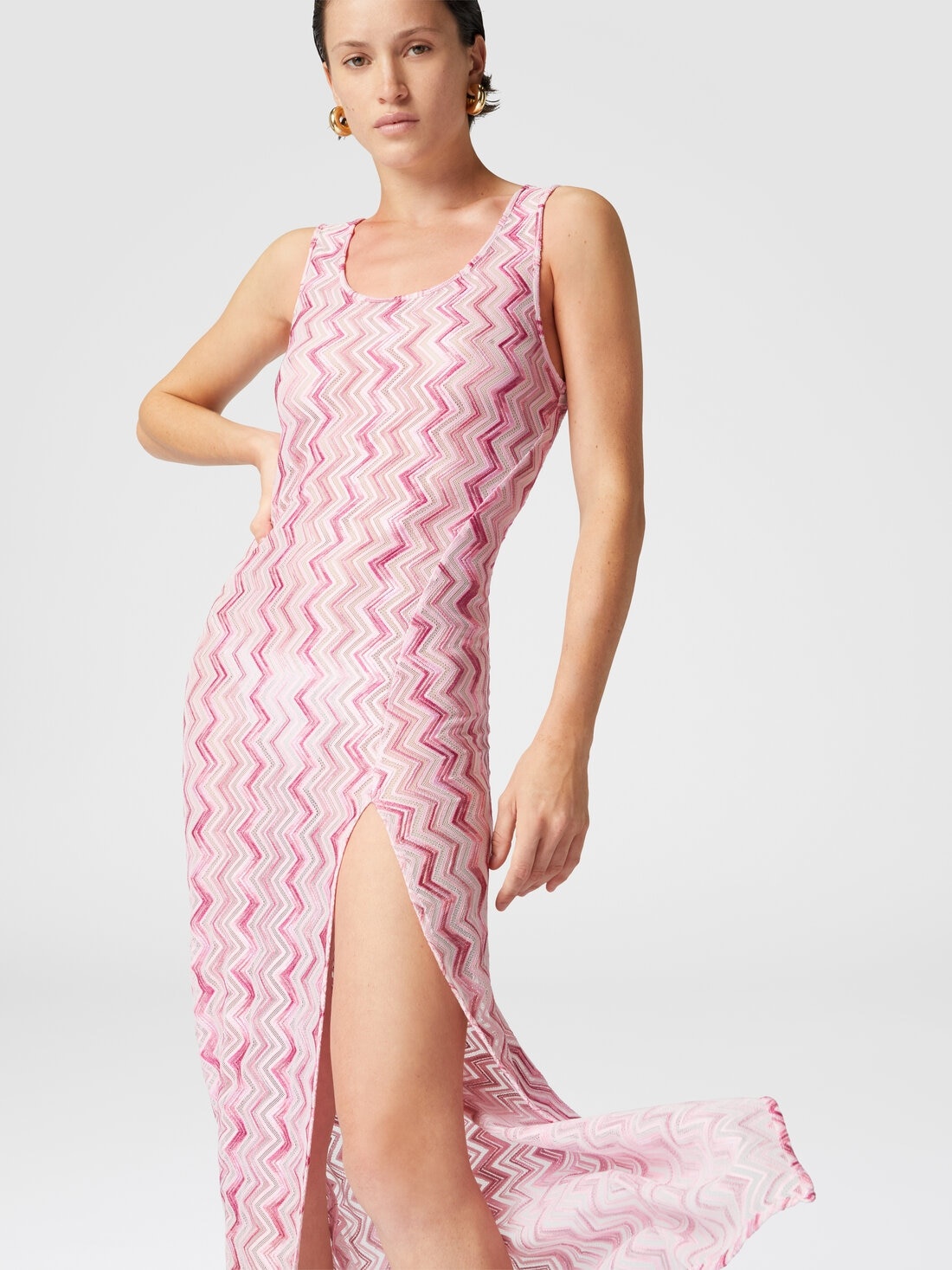 Long cover-up dress in slub zigzag viscose blend - 4