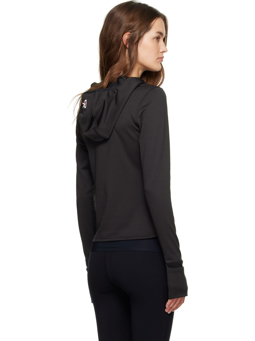 Black Hooded Fitted Grid Fleece Jacket - 3