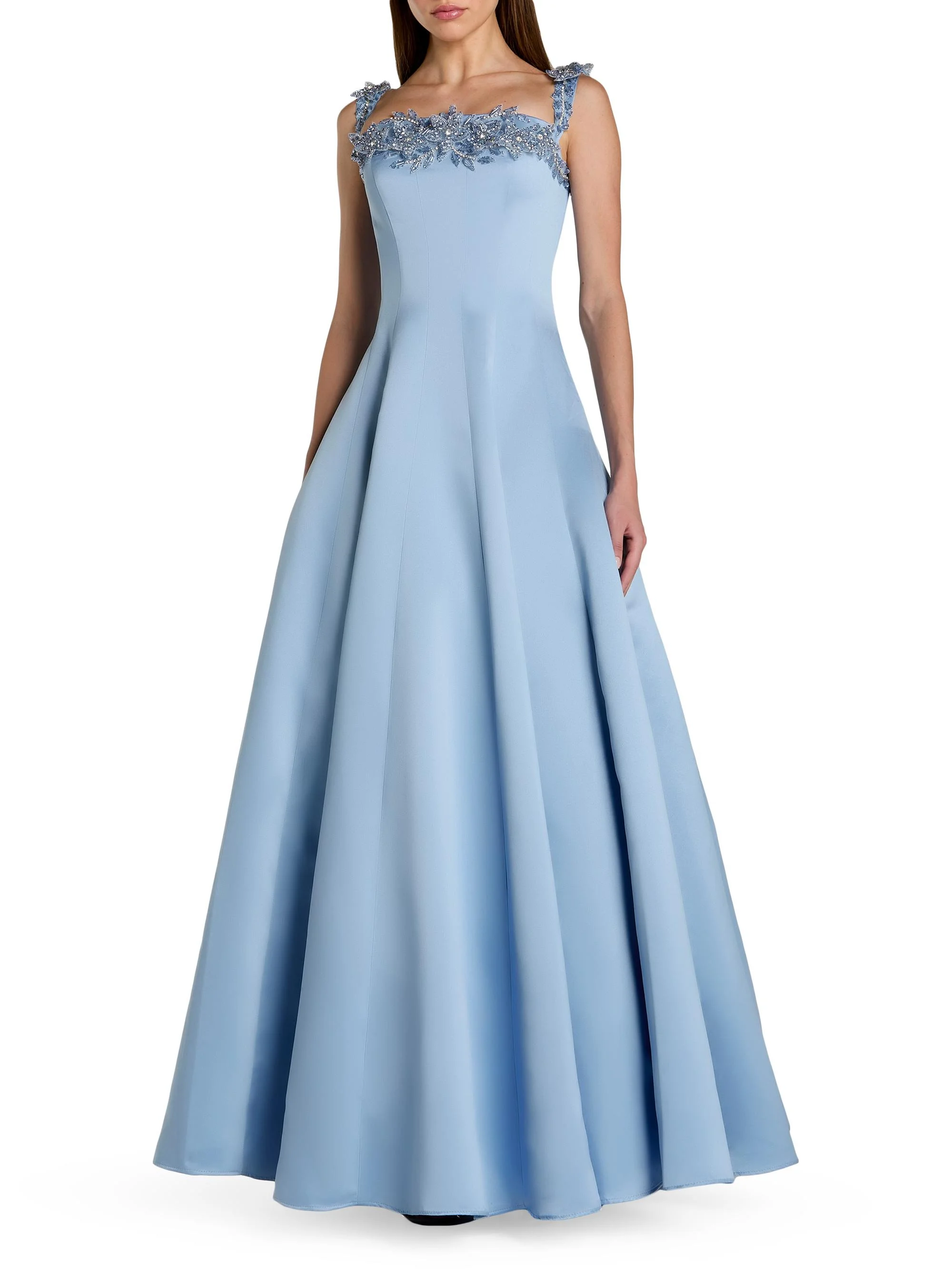 Women's Beaded Satin Off-The-Shoulder Gown - Slate Blue - 1