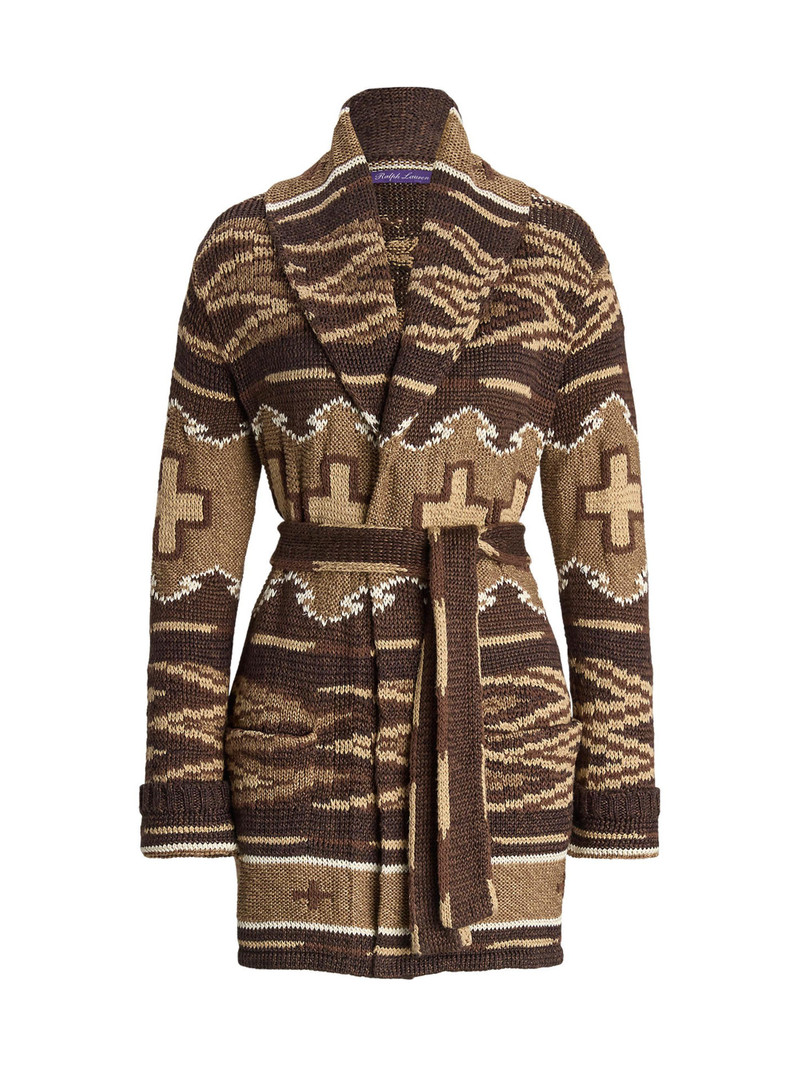 Women's Silk-Linen Shawl Collar Cardigan - Lux Tan Multi 1