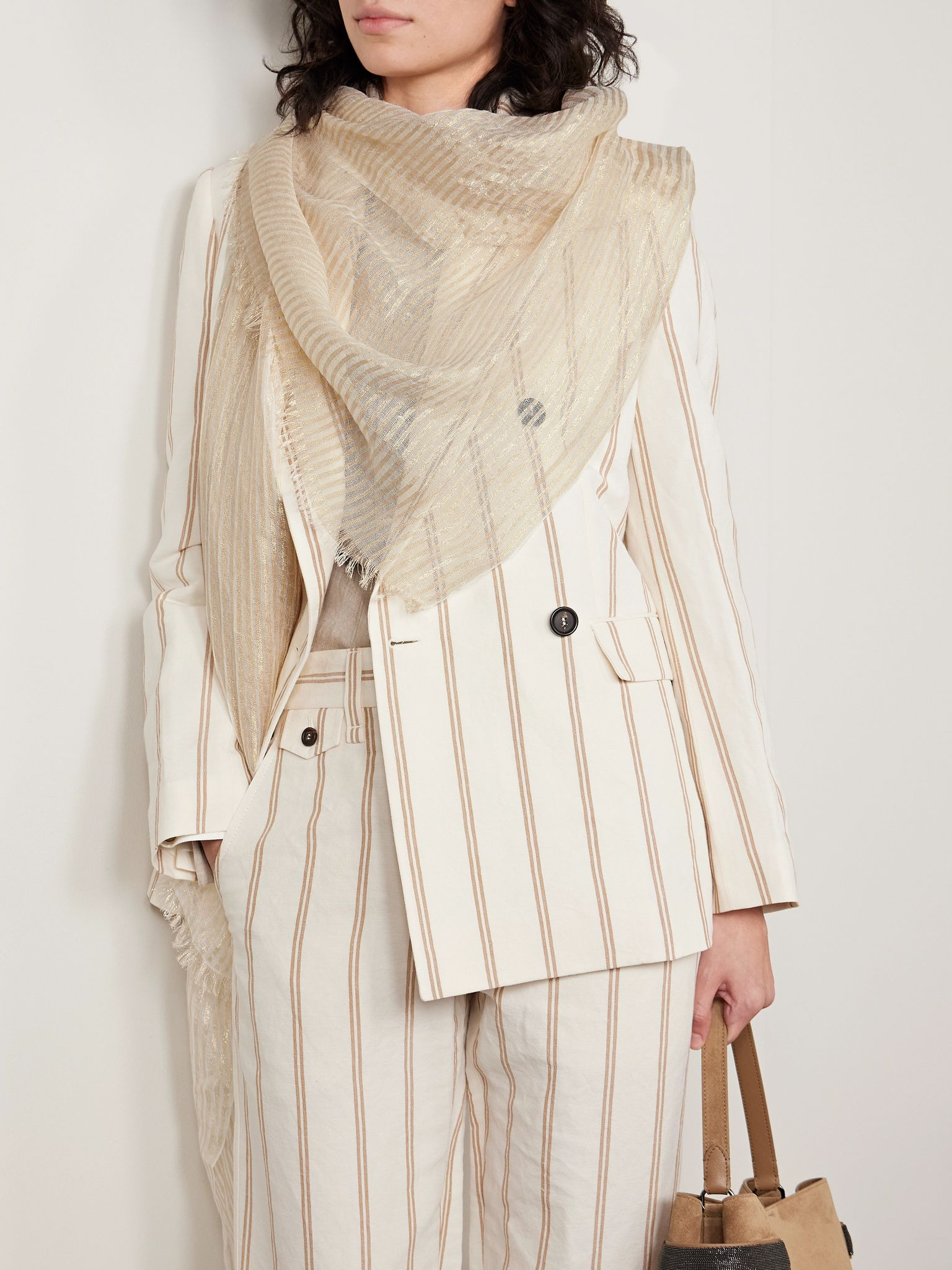 Metallic linen-blend jacquard scarf Gold - 2