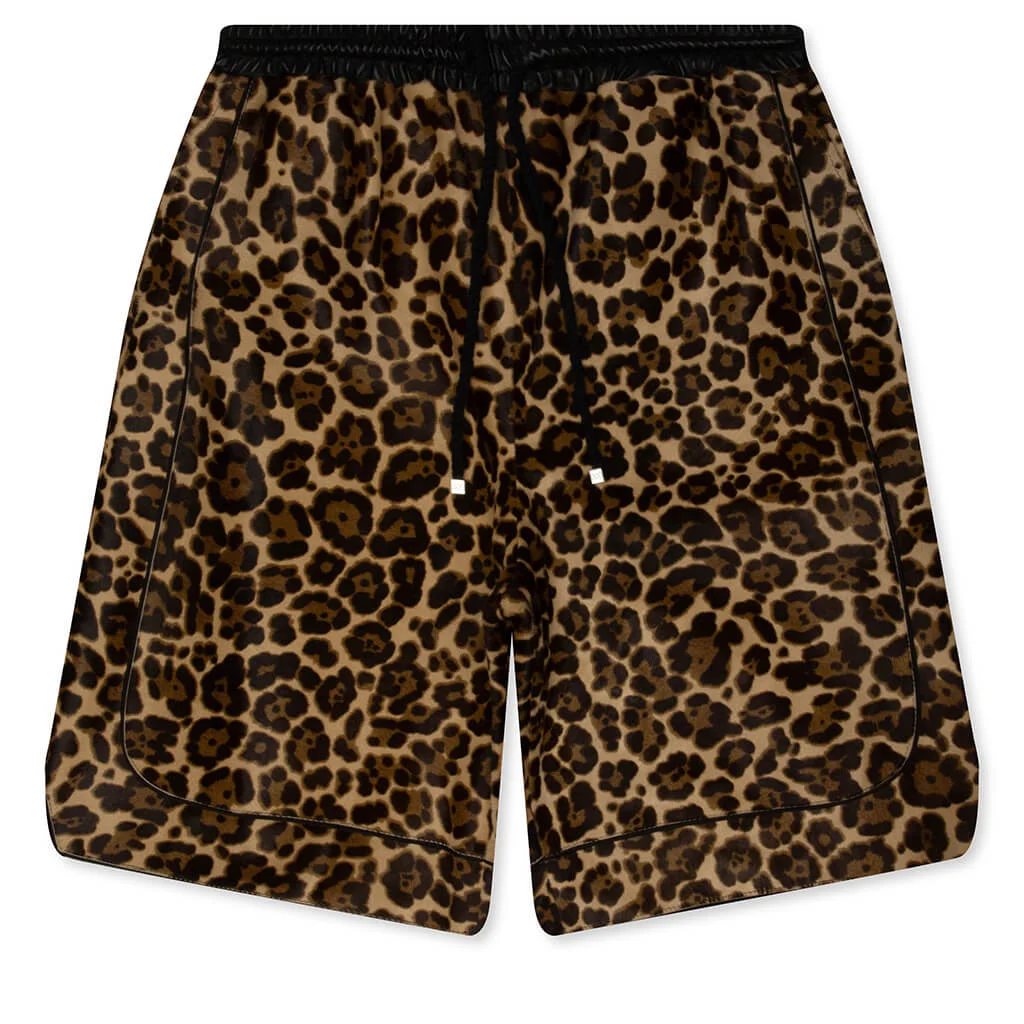 LEOPARD PRINT CALF HAIR BASKETBALL SHORTS - BROWN LEOPARD - 1
