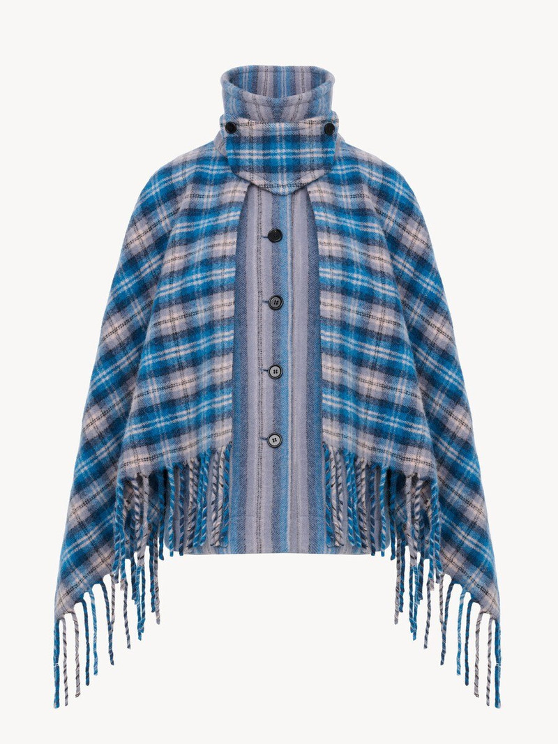 HIGH-NECK SHORT CAPE COAT IN CHECK WOOL & ALPACA 1