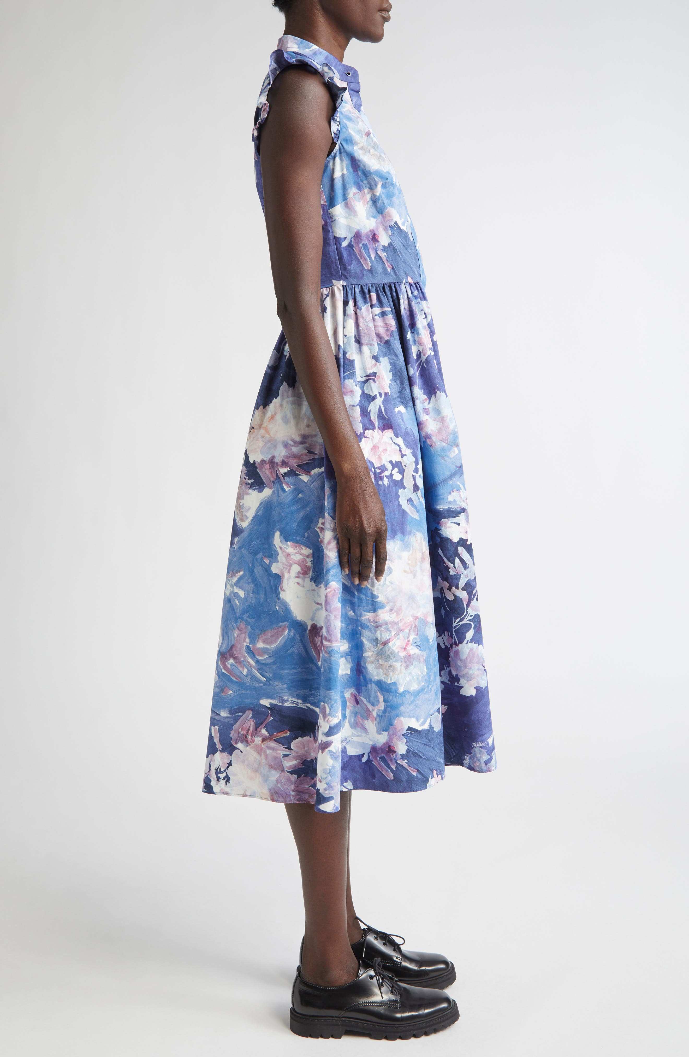 Erdem Floral Print Sleeveless Crinkled Satin Midi Dress in Artist Garden Pale Cobalt at Nordstrom - 3