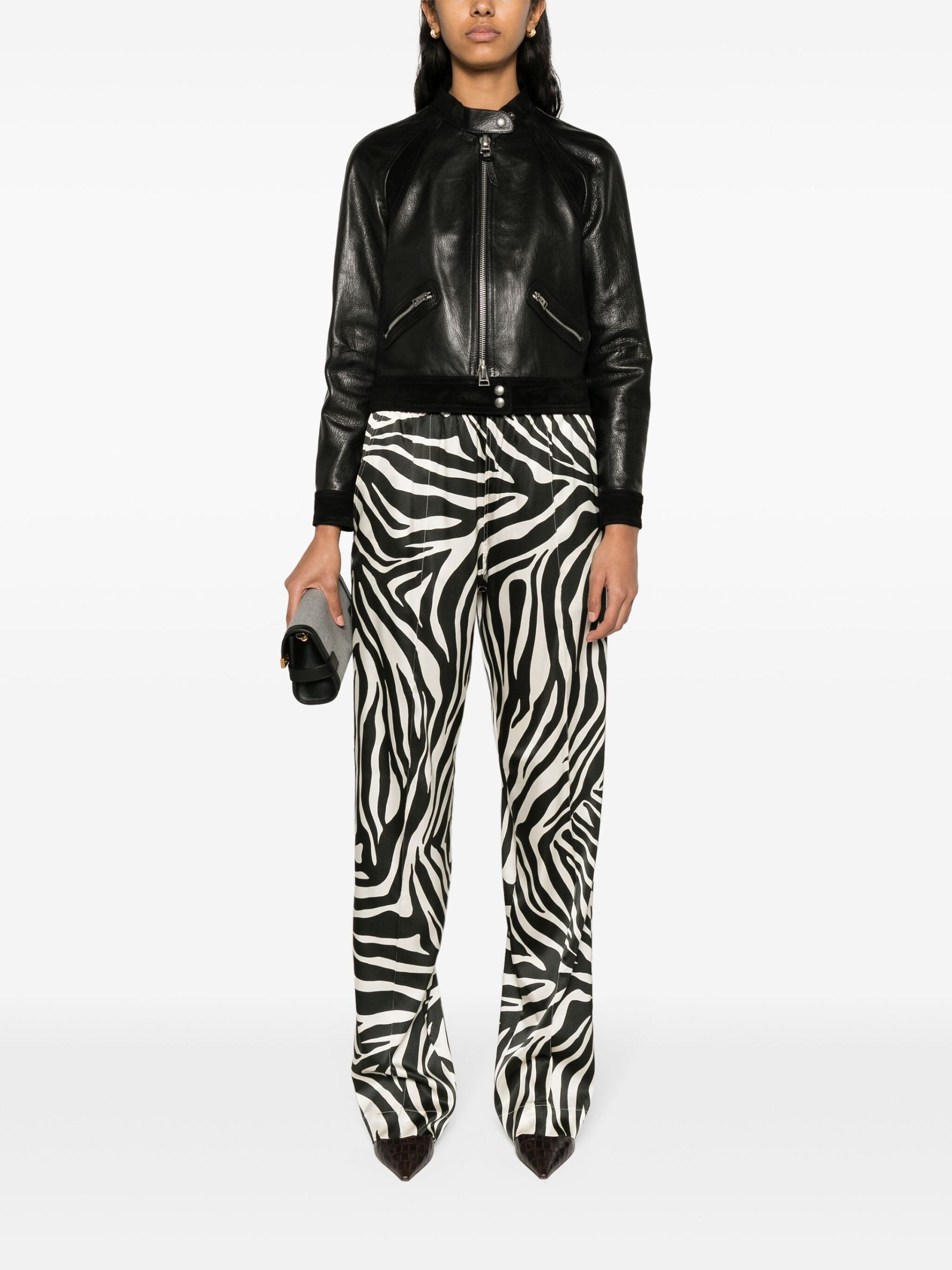 black zebra-print silk trousers - 2