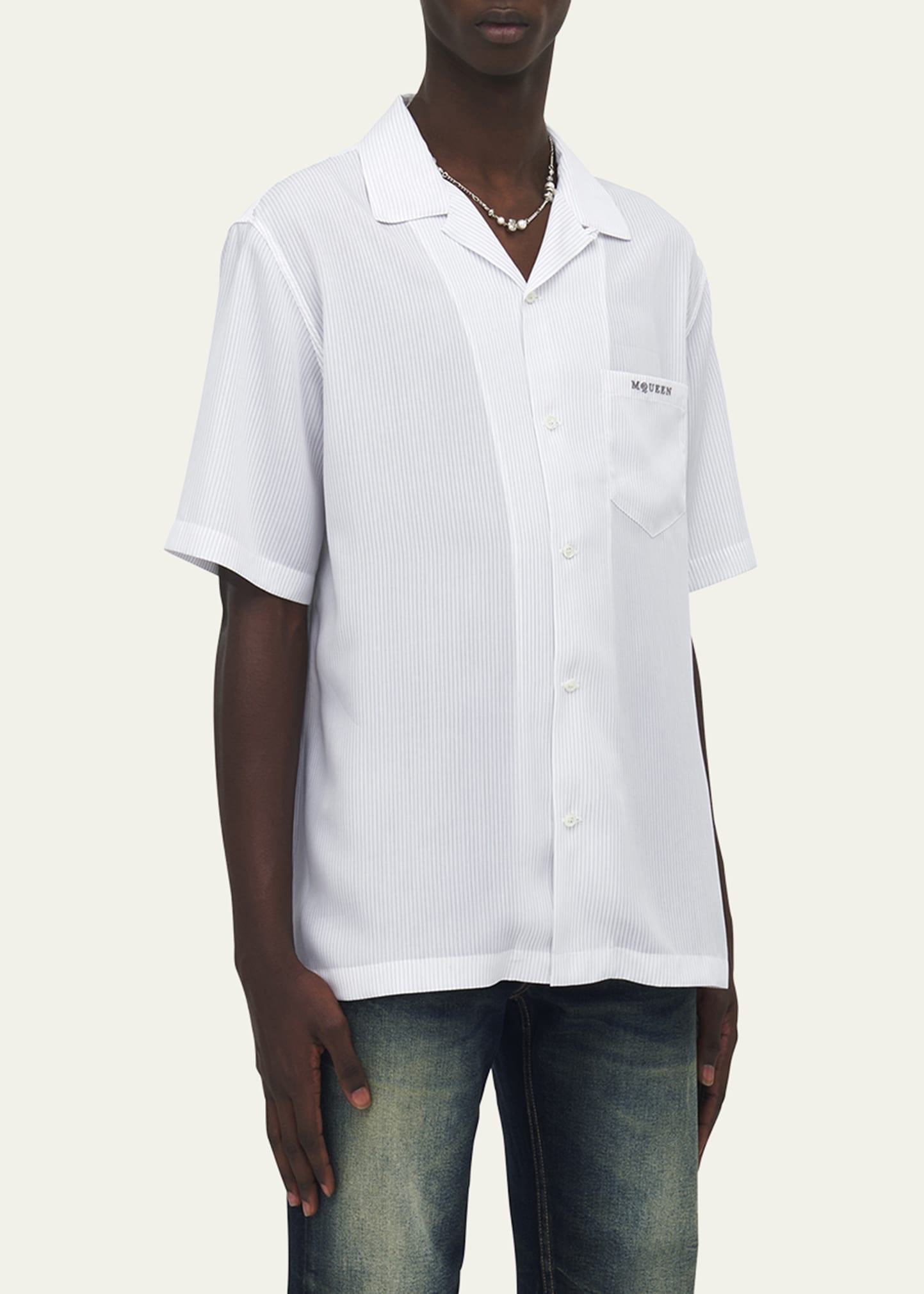 Men's Pinstripe Short-Sleeve Logo Pocket Camp Shirt - 4