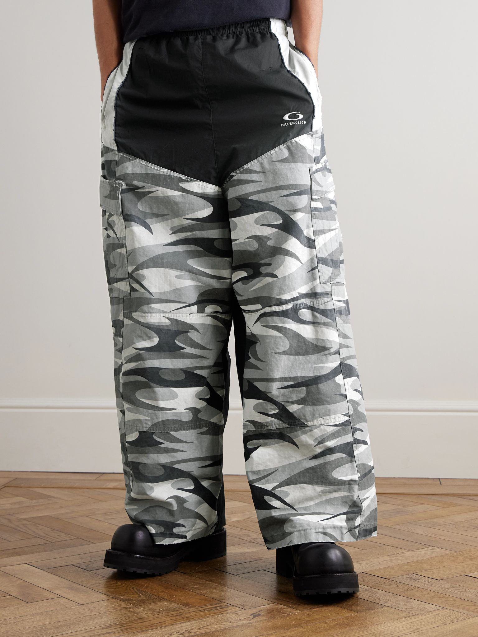 Wide-Leg Panelled Cotton-Poplin and Camouflage-Print Ripstop Cargo Track Pants Black - 3