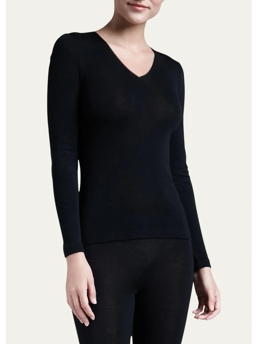 Wool & Silk Blend V-Neck Top - 1