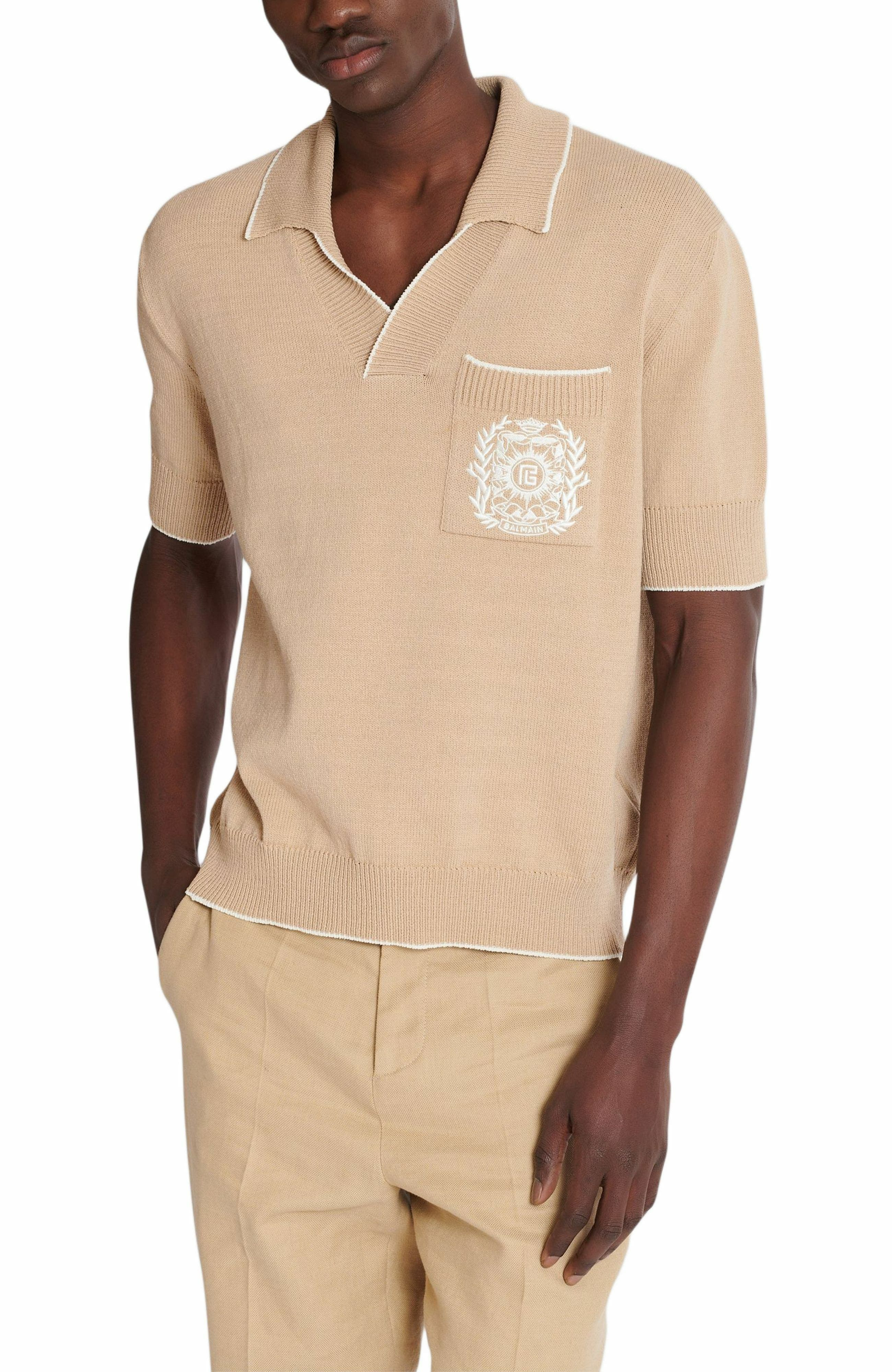 Balmain Écusson embroidered knit polo shirt in Beige at Nordstrom - 5