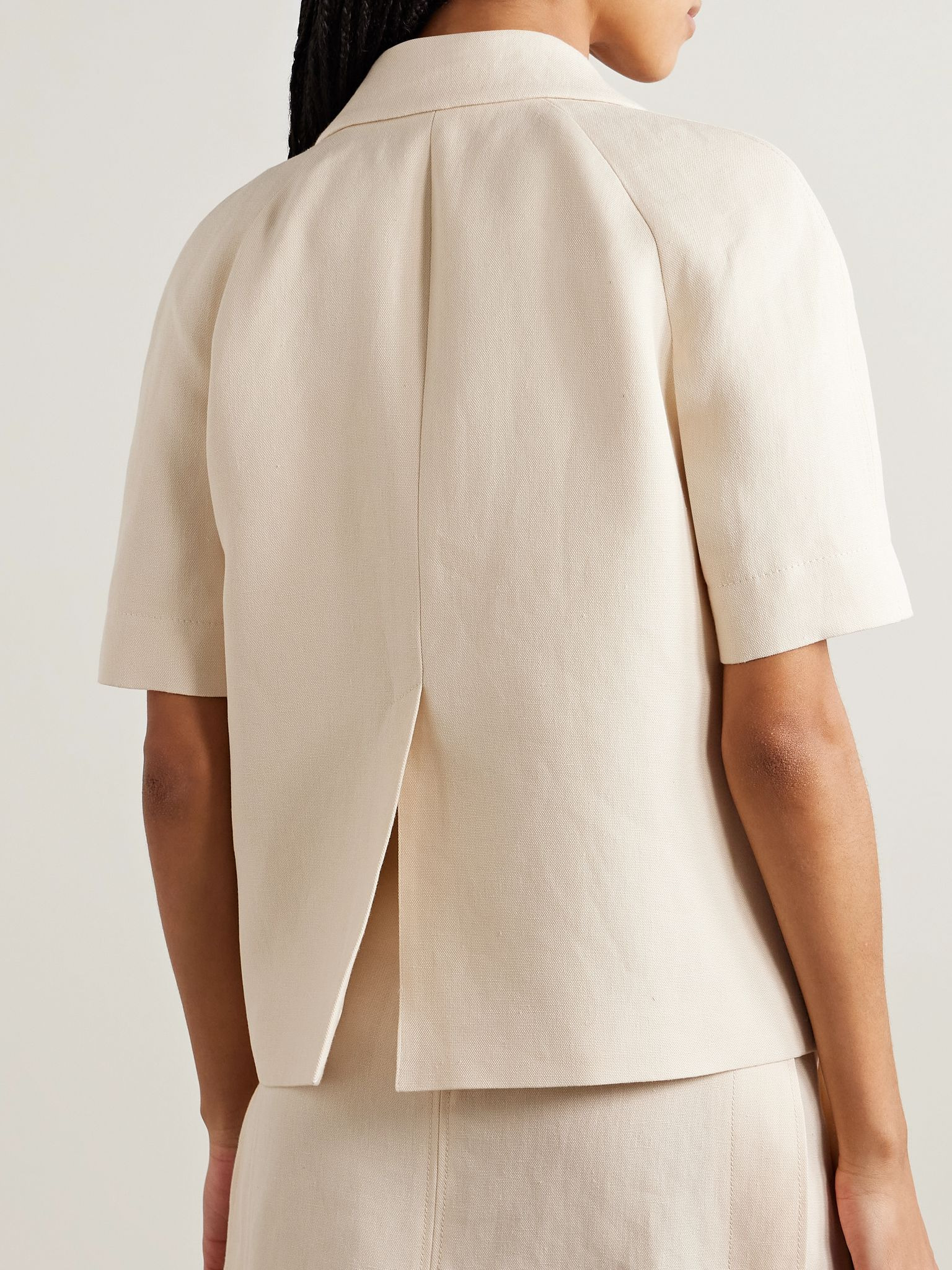 Horsebit-detailed leather-trimmed linen-canvas jacket Cream - 4