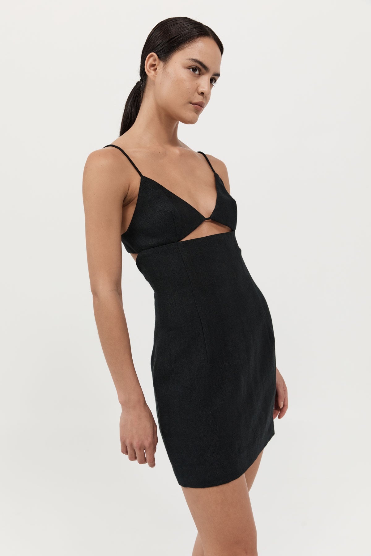 Linen Bra Mini Dress - Black - 3