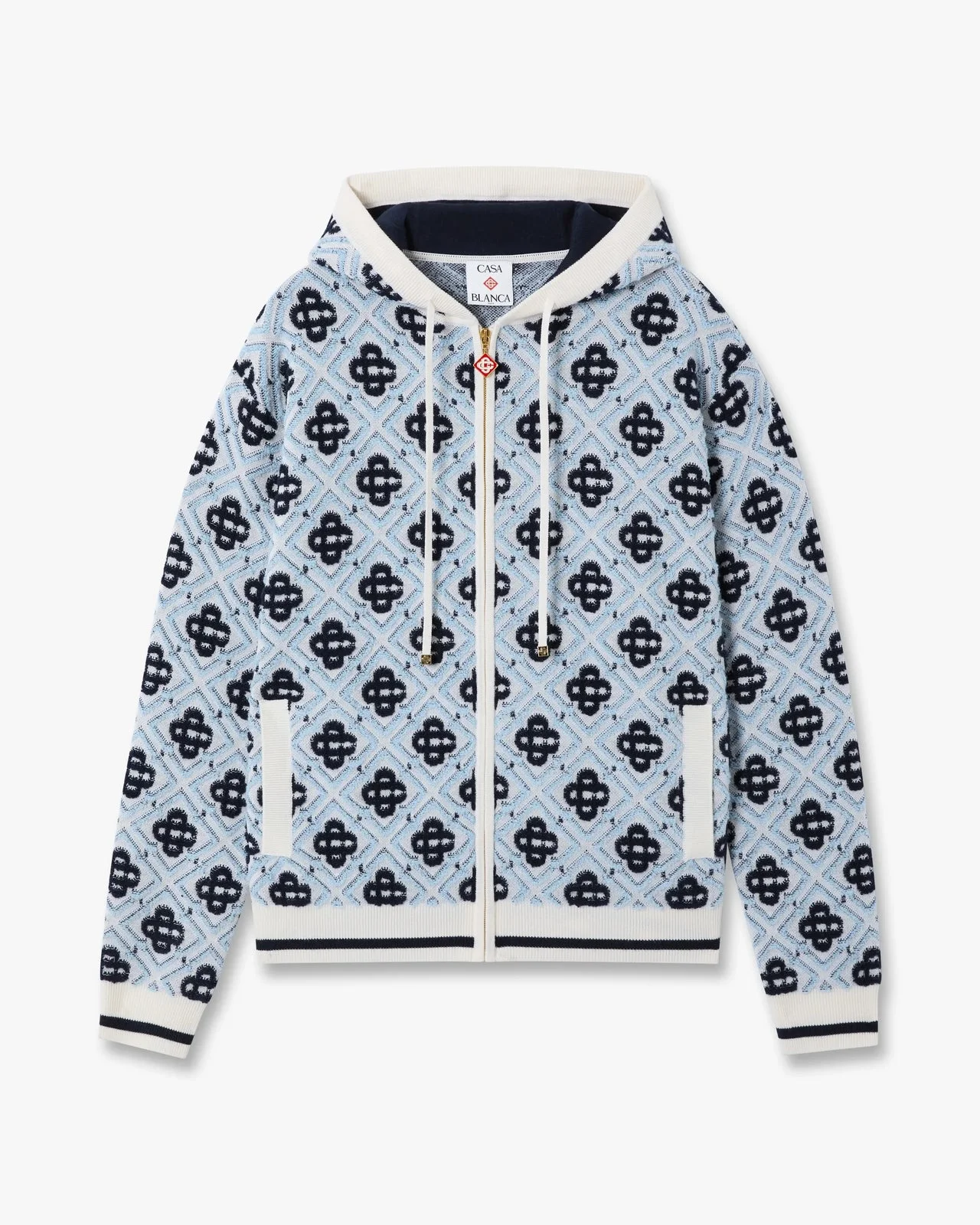 Blue Merino Monogram Zip‑Up Hooded Sweatshirt - 1