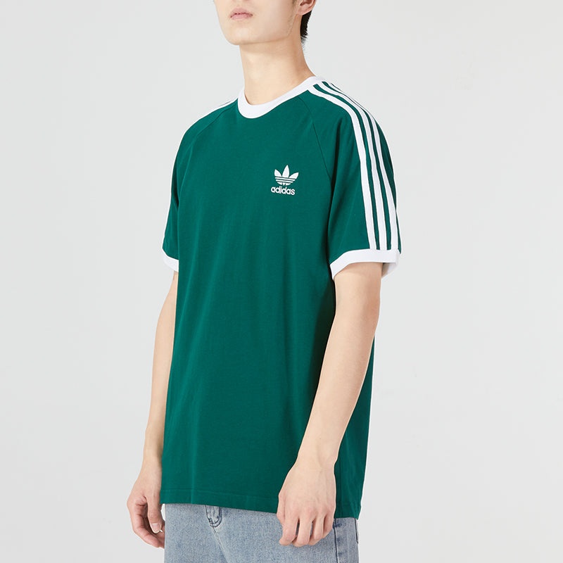 Men's adidas originals 3-Stripes Tee Casual Round Neck Loose Logo Stripe Short Sleeve Green HE9546 - 5