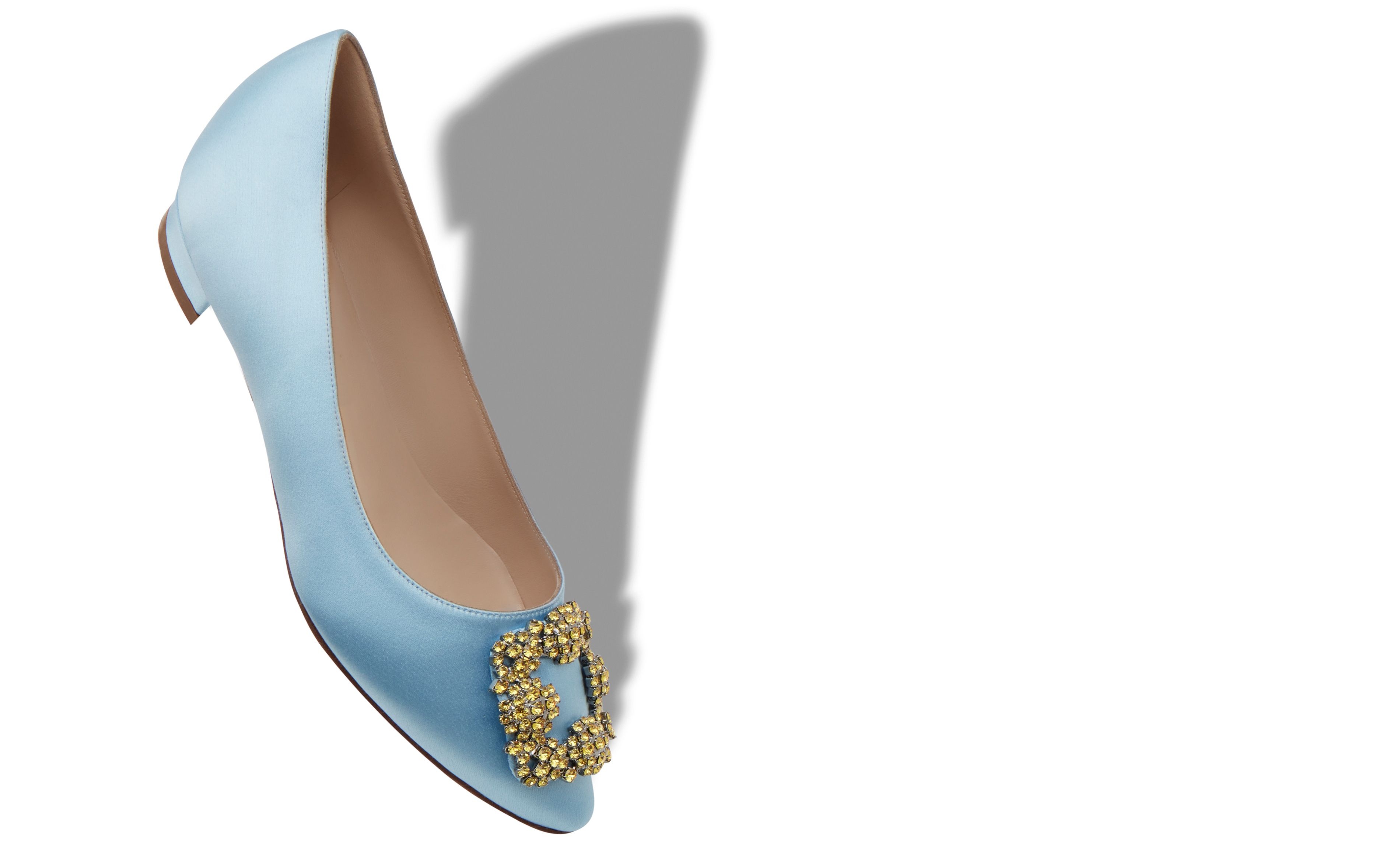 Light Blue Satin Jewel Buckle Flat Shoes - 2