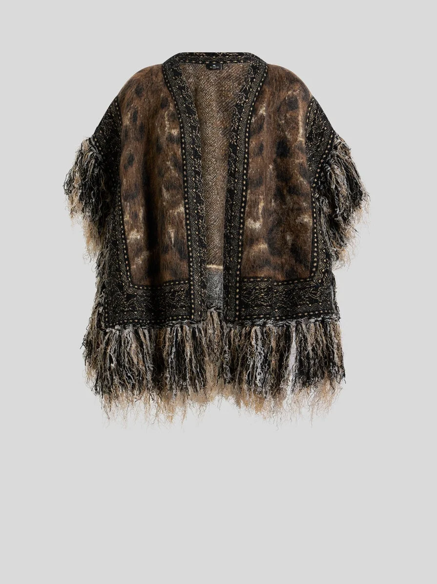 MOHAIR-BLEND JACQUARD CAPE WITH FRINGING AND LEOPARD MOTIF - 1