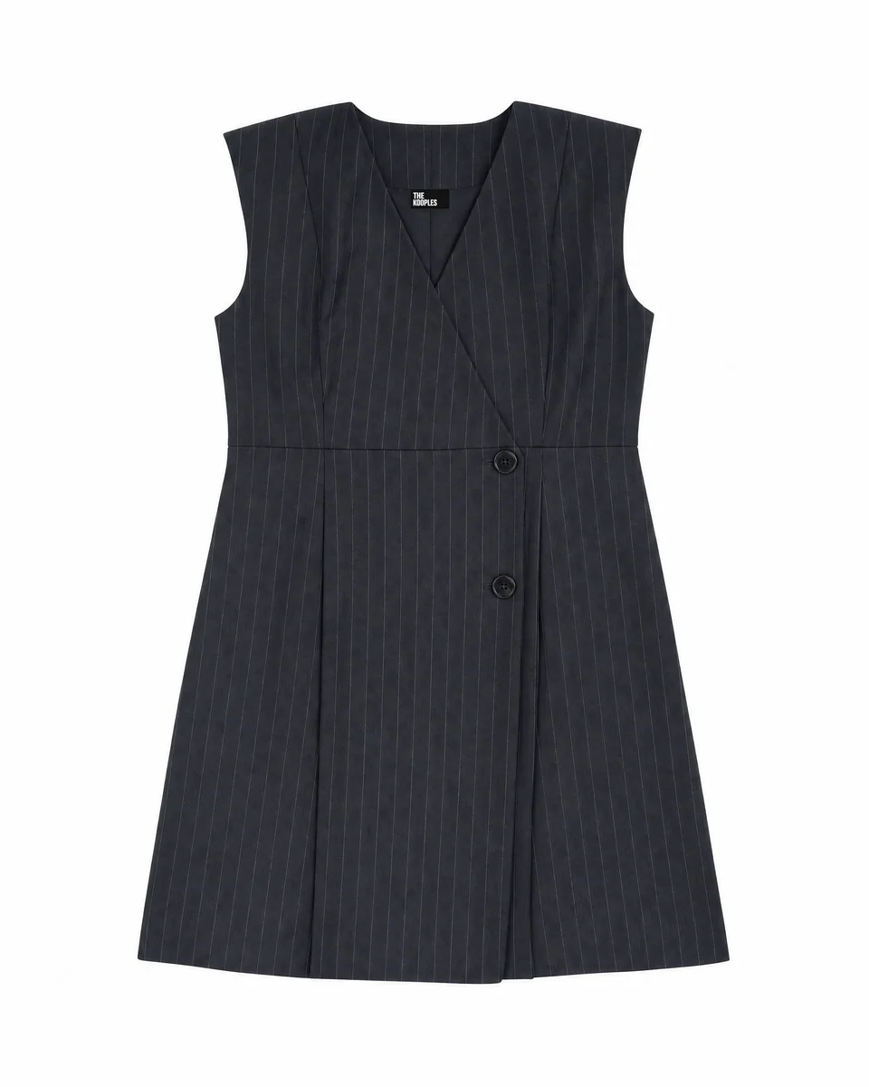 SHORT, WRAP-STYLE DRESS IN NAVY-STRIPED WOOL - 1